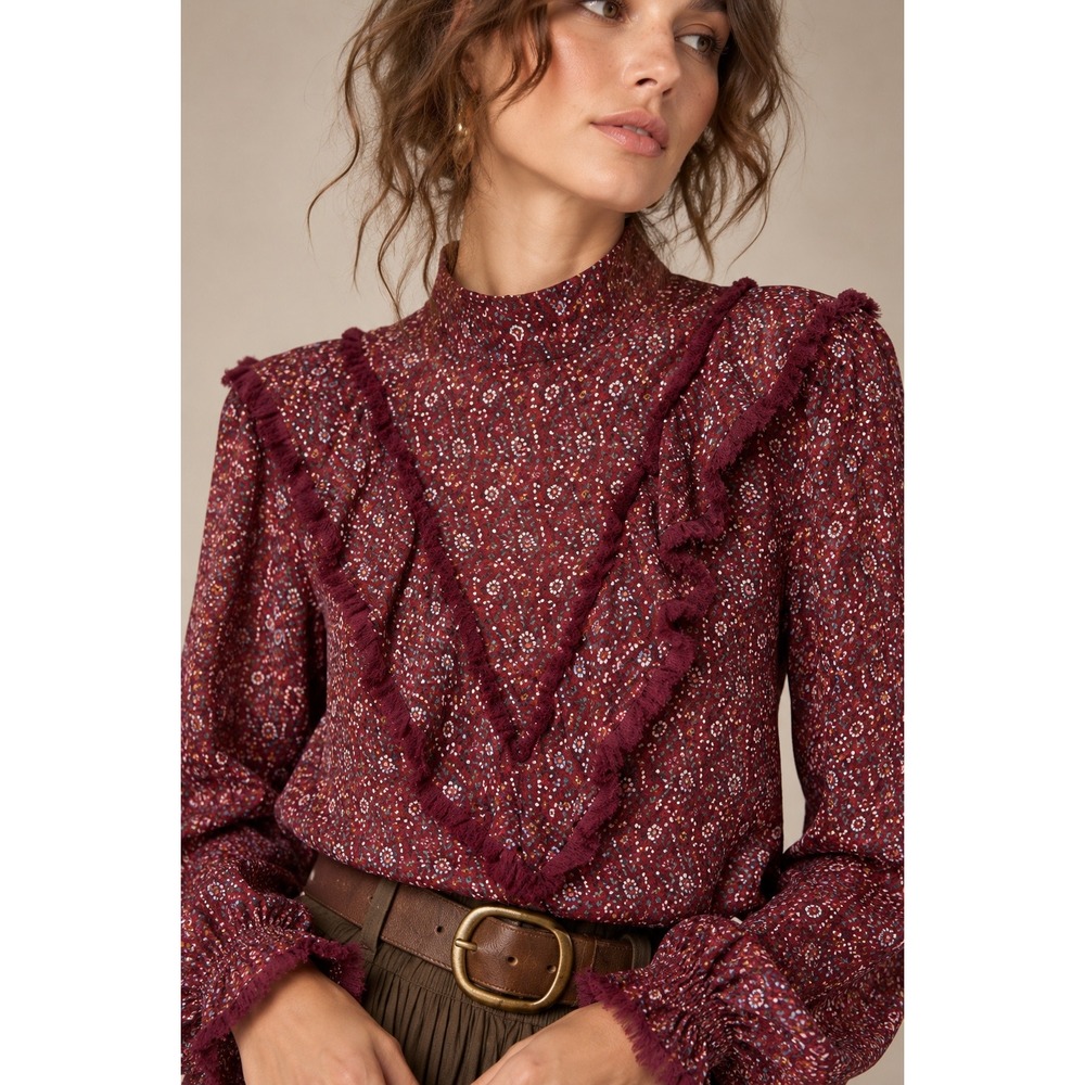 Blush Noir Burgundy Floral Ruffle Mock Neck Blouse Boho Fringe Top L Cottagecore